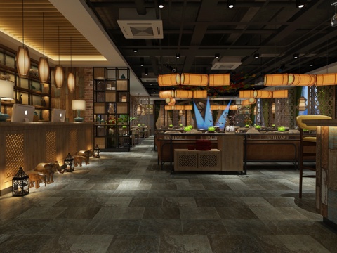  新中式自助餐厅3d模型 