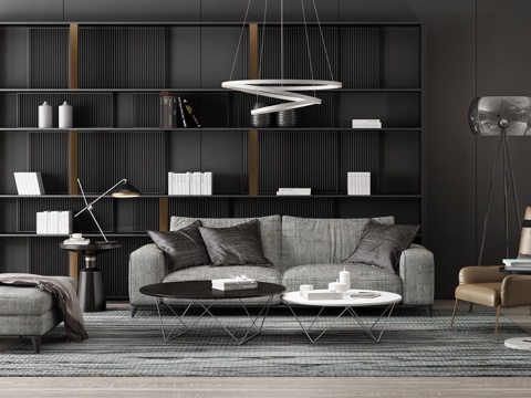  现代沙发茶几 吊灯 书柜 落地灯组合3d模型 