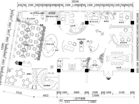 二层250平方米办公室平面图cad施工图