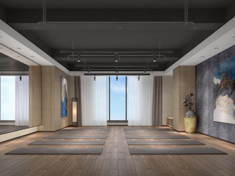 现代禅意瑜伽室设计 高端会所冥想空间3D渲染 健康生活室内装修免费3d模型
