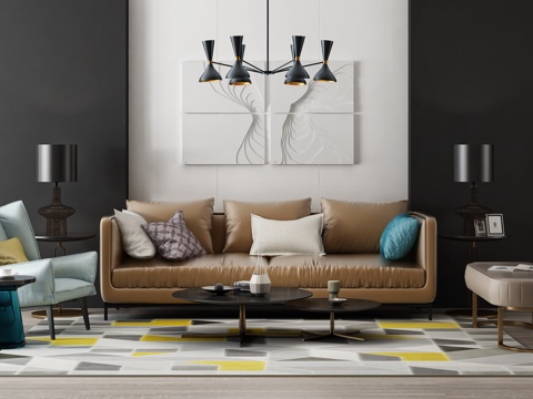  现代沙发茶几吊灯挂画组合3d模型 