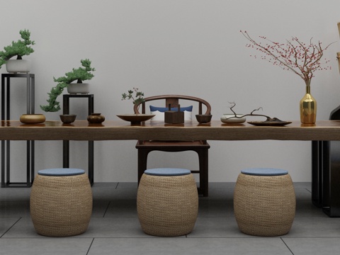  新中式茶室 茶台组合3d模型 