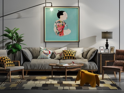  现代沙发茶几壁画组合3d模型 