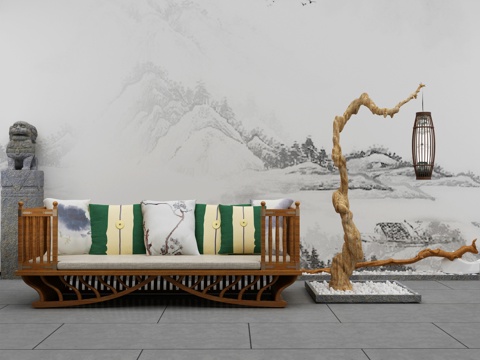  新中式沙发茶几吊灯组合3d模型 