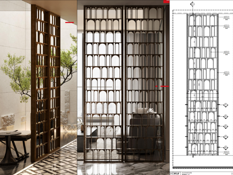 金属屏风详图、不锈钢屏风大样、黄铜镂空屏风、隔断屏风、屏风cad施工图