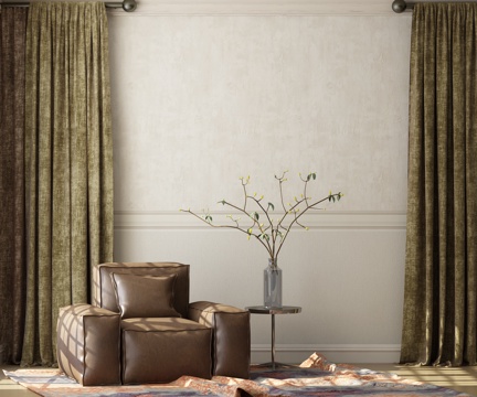  新中式皮质沙发 金属圆几 花瓶窗帘组合3d模型 