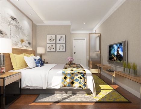  酒店大床房 干湿分离 电视柜 床 床头柜3d模型 