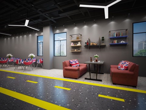  现代工业风洽谈室 休闲桌椅 沙发 挂件墙饰 吊灯 地面路3d模型 