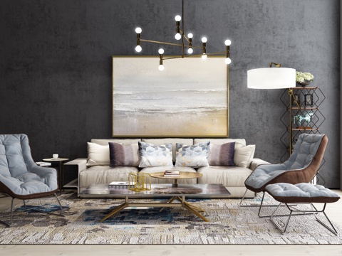  现代沙发 茶几 吊灯 置物架组合模型3d模型 