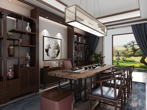  新中式茶室 茶架 茶台 茶椅 中式吊灯 外景植物 装饰柜3d模型 