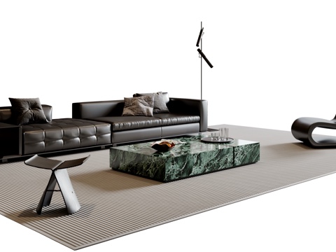 现代意式沙发茶几组合 多人沙发 皮质沙发 休闲椅 地毯su模型