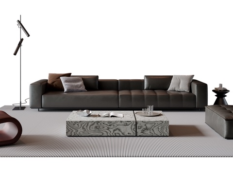 现代意式沙发茶几组合 多人沙发 皮质沙发 休闲椅 落地灯 地su模型