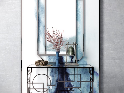  新中式端景台装饰镜摆件组合3d模型 