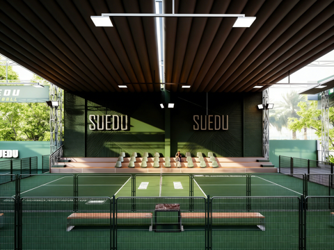 现代专业羽毛球网球球场 钢结构顶棚 专业围网 观众看台 体育su模型