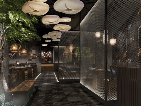  现代自然工业风火锅店3d模型 