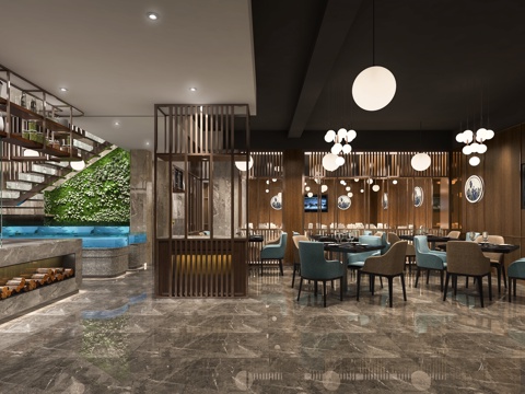  现代餐饮店 餐桌椅餐厅 吊灯 屏风  餐厅鱼缸3d模型 