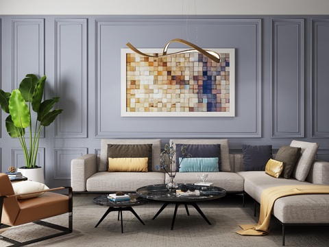  现代沙发茶几组合模型 挂画 沙发茶几3d模型 