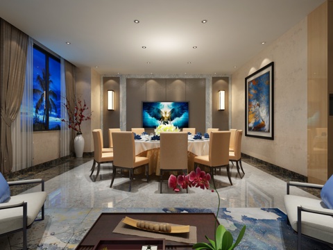  现代西餐厅 会所 餐桌椅 挂画 物件摆件3d模型 