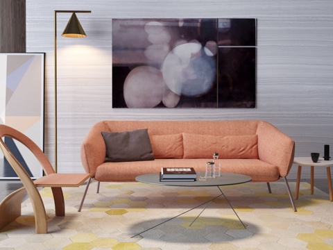  现代双人沙发 茶几 落地灯 挂画组合3d模型 