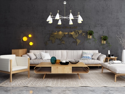  北欧沙发茶几组合 吊灯组合模型3d模型 