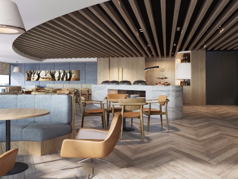  现代自助餐厅 单椅 简约吊灯 木栅格 植物 装饰品3d模型 