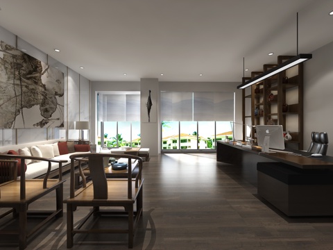  新中式前台办公室 茶馆3d模型 