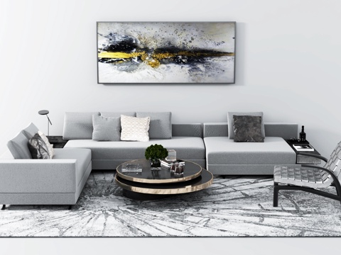  现代转角沙发 布艺沙发 挂画 茶几 地毯 摆件 单椅 抱枕3d模型 