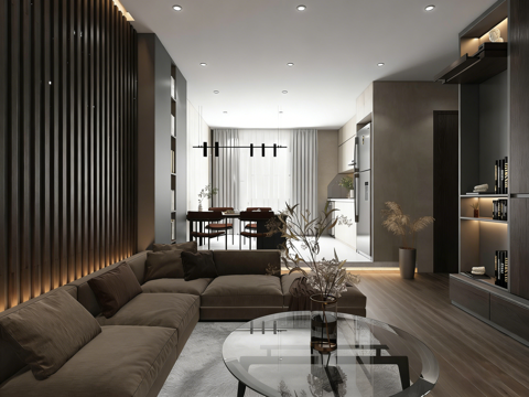  现代简约全屋 单身公寓出租屋 客餐厨一体 深灰L型沙发 木质3d模型 