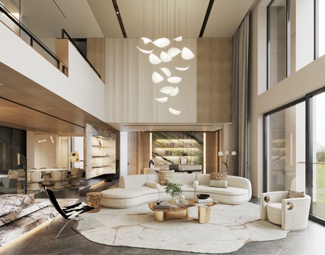  现代轻奢别墅客餐厅 挑空别墅客餐厅 意式轻奢复式客餐厅3d模型 