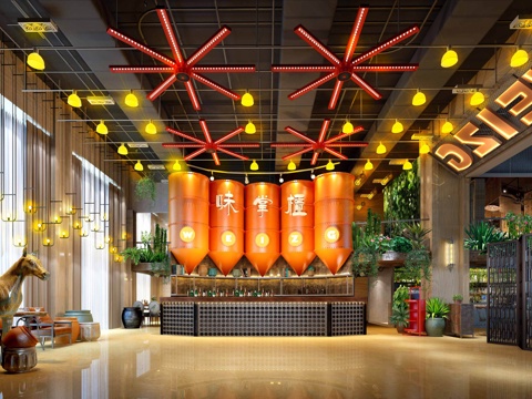  新中式火锅店大堂3d模型 