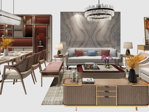  现代沙发餐桌组合 餐桌椅 吊灯 电视柜 橱柜3d模型 