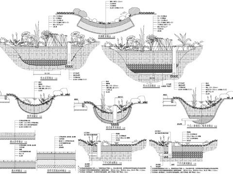 雨水花园旱溪湿式干式渗透型植草沟海绵城市透水铺装下凹式绿地cad施工图