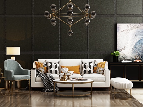  现代沙发 吊灯 边柜 挂画组合模型3d模型 