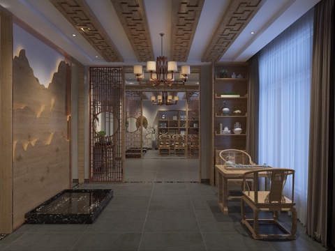  新中式茶室 新中式桌椅组合 吊灯3d模型 