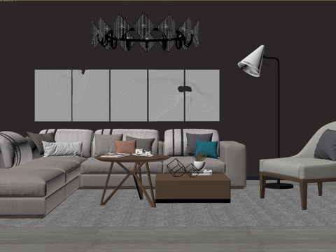  北欧 布艺沙发 茶几 落地灯 吊灯 装饰画 摆件3d模型 