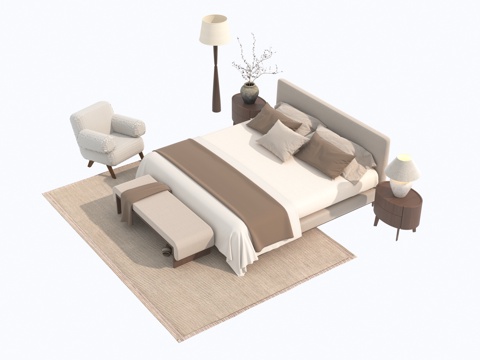  现代双人床3d模型 