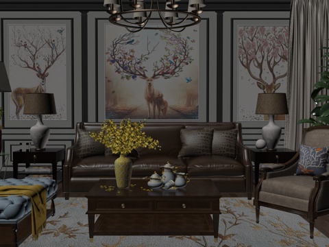  美式端景柜花瓶摆件壁灯组合3D模型3d模型 