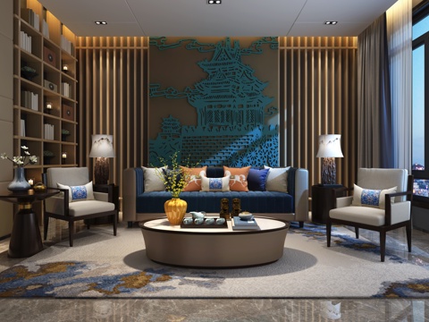  新中式客厅沙发 餐桌椅 挂画 物件摆件 墙饰品3d模型 