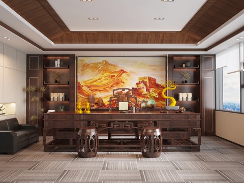  中式风格老板办公室3d模型 