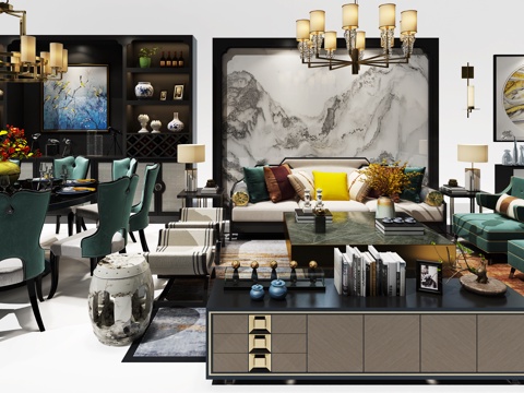  中式沙发餐桌组合 客厅 沙发茶几 餐桌椅 客厅 吊灯 挂3d模型 