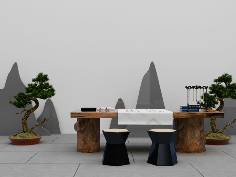  新中式茶桌椅组合3d模型 