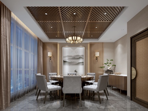  新中式餐饮包间 火锅店 饭店3d模型 