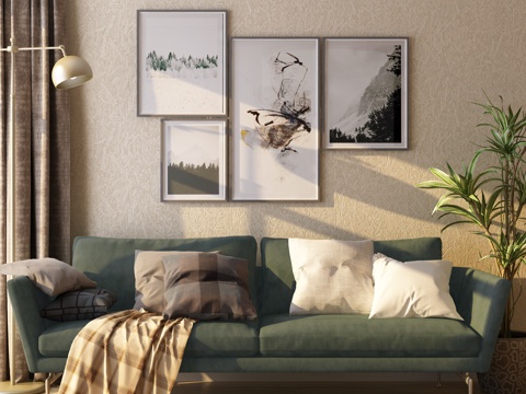  北欧沙发组合 落地灯 装饰画 窗帘组合3d模型 