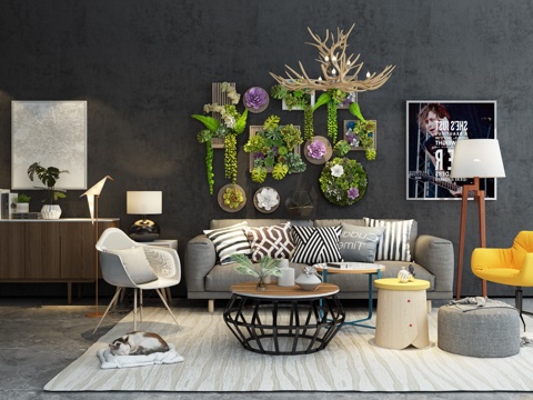  北欧沙发 茶几 边柜 吊灯 绿植 墙饰组合模型3d模型 