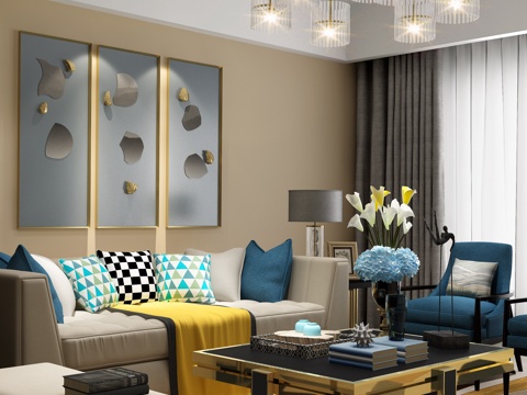  现代沙发茶组合 吊灯 挂画 沙发茶几3d模型 