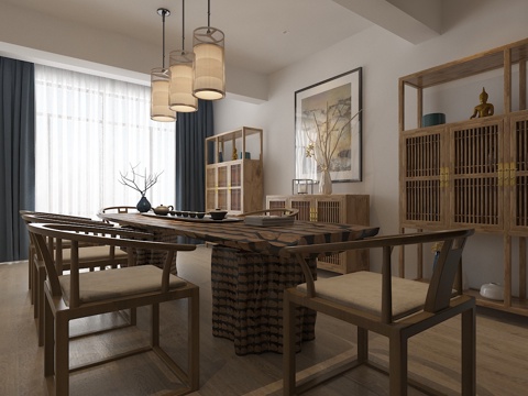  新中式茶室 桌椅组合3d模型 