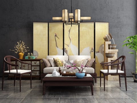  中式沙发茶几组合 矮柜 边柜 屏风 绿植组合模型3d模型 