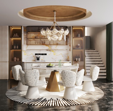  轻奢家居圆餐厅 圆桌餐厅 意式轻奢餐厅3d模型 
