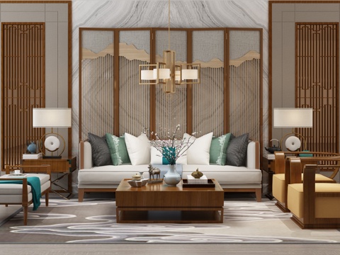  新中式沙发茶几组合 吊灯3d模型 