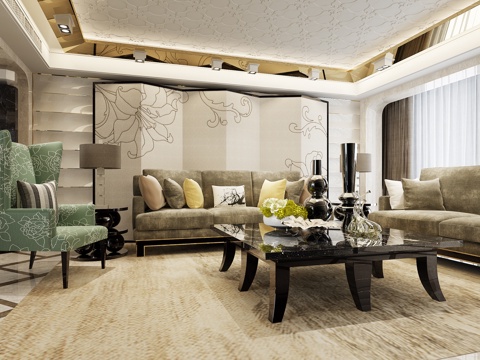  现代装饰主义风沙发茶几 组合吊灯休闲椅 多人沙发3d模型 